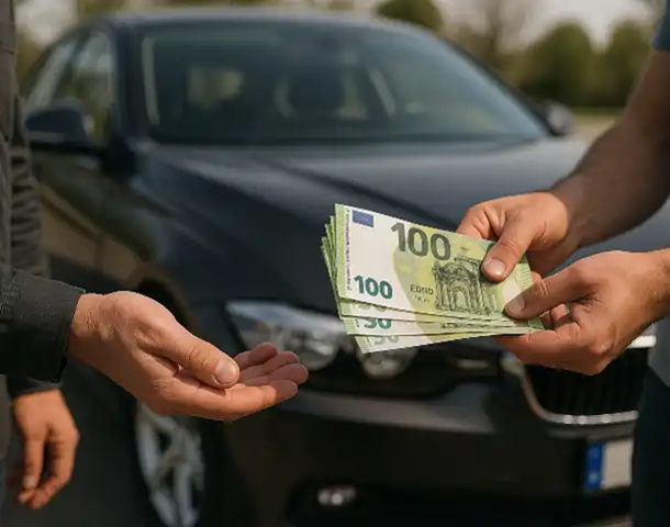 Ein zufriedener Kunde erhält einen fairen Barkauf beim Autoankauf in Borken.